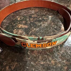 Smathers & Branson Clemson Needlepoint Leather Belt - Orange & Green Camo
